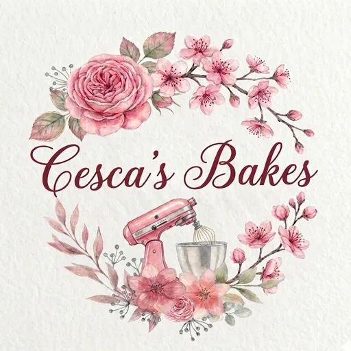The Cesca's Bakes logo: a watercolour wreath of pink roses and cherry blossom around a stand mixer