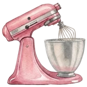 A watercolour painting of a pink stand mixer with a whisk and bowl