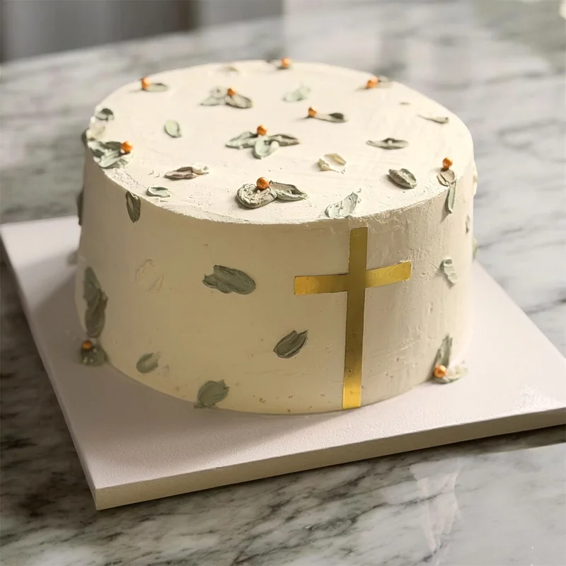 A single-tier cake in ivory buttercream, dotted with palette-knife leaves in sage green and small amber buds, with a slim gold cross on the front.